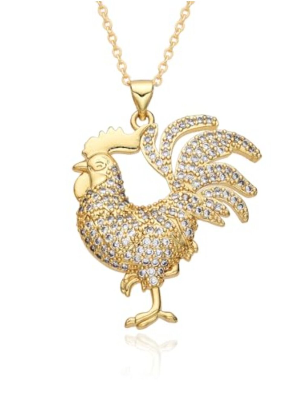 14K Gold Plated Rooster Pendant Necklace Cubic Zirconia 16" Chain